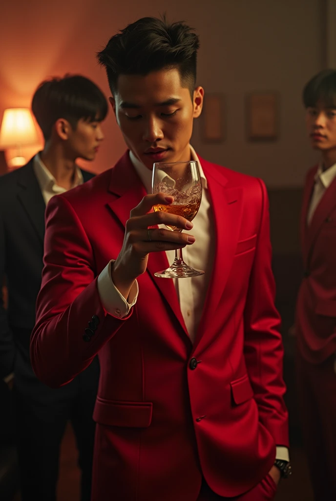 Real photo style、Realistic、Cute handsome man、Idol face、、Japanese、Slim body、Mash Hair、Completely naked、Full nudity、Crowded fine dining restaurant、Pouring red wine from a bottle、Thin-strap red bikini pants
