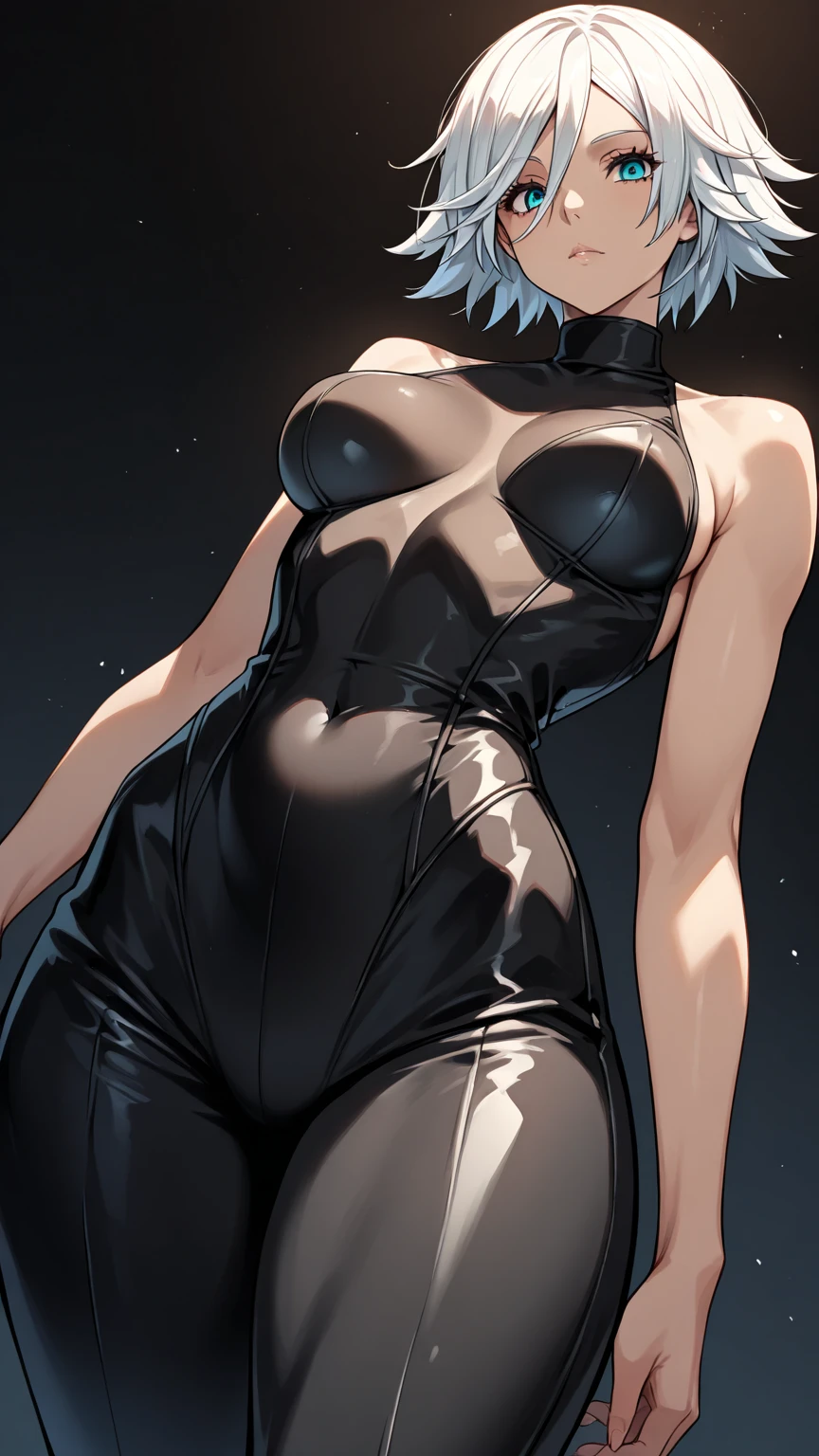 Female, 21 years old, black shoulder-length short hair, black eyes, light blue swimsuit, sexy panties, huge breasts, tall, model figure, big buttocks, sexy stockings, black flip-flops, future science fiction era background, standing in a daytime fighter. Erotic, seductive, charming, sensual.