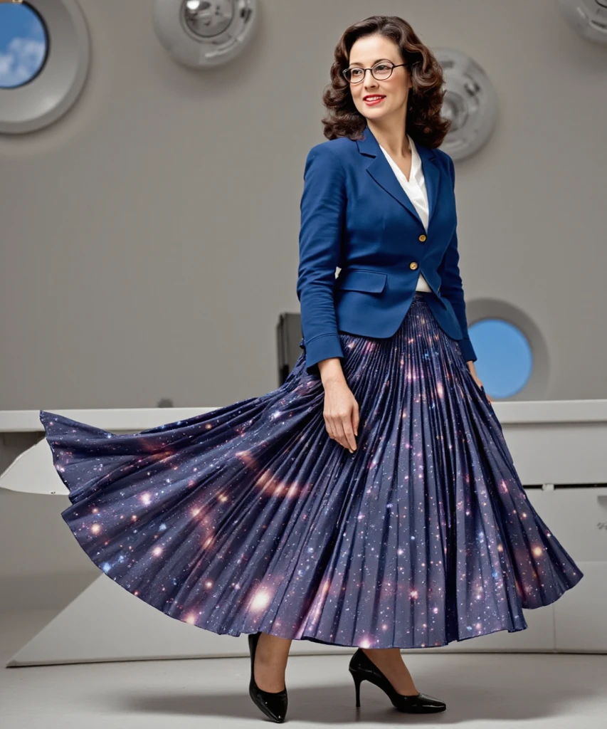 a therapist is dancing in her skirt (in a flirting manner:1.3) while in a space station, (shy) authentic (kind and tender) lesbian woman wearing a short blazer with a very very detailed (long (fully pleated) full circle skirt) and (simple) low heeled office shoes, very very intricate hyper-detailed symmetric (attractive graceful young feminine face) with (sad, tired) eyes and a (flirty smile), full of empathy and compassion and love, (pronounced feminine features:1,3), extremely freckled skin and very long dark hair, big boobs, large breasts, shirtless, topless, (highly detailed ultra accurate realistic) hands and fingers, ((windy conditions and wind blowing)), epic composition, highly detailed attributes, highly detailed atmosphere, detailed background, intricate, Exquisite details and textures, highly detailed, deep space station secret operations active background,