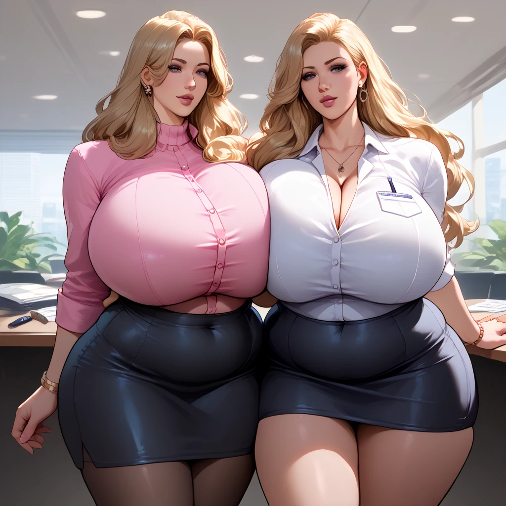 two thick body mature women sitting in office chairs in conference room with view of city through windows, daytime, all mature women milfs wearing bra and panties and transparent robe (((woman sitting lift skirt open legs show panties to camera pov hands on legs))), nsfw, show full body, 1 milf show backside show back view to camera, (((breasts covered in cum)))