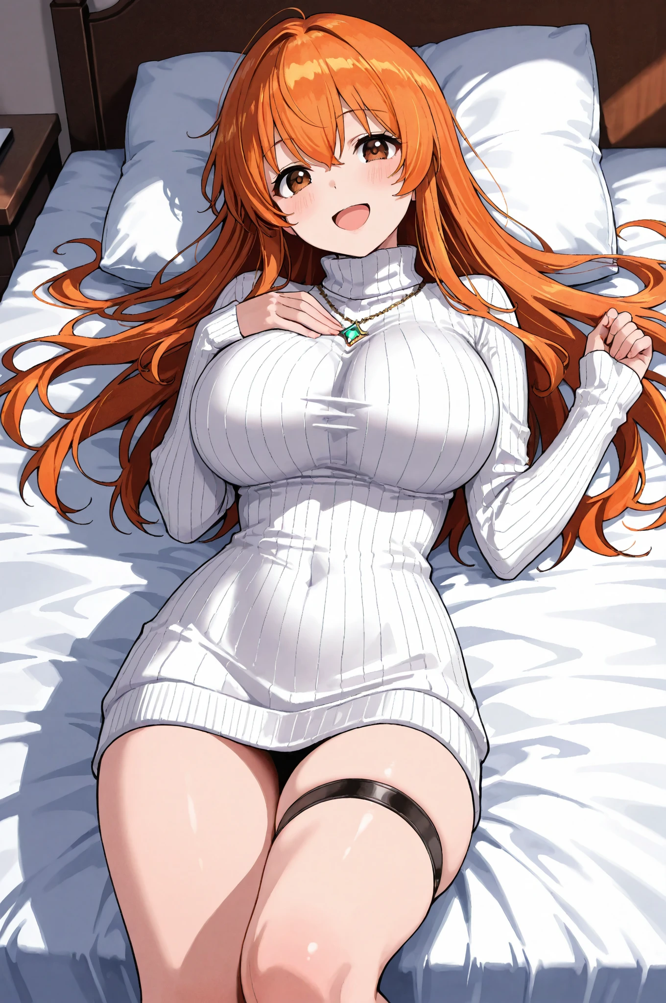 1girl, anime girl, anime, (dark skin), stylish girl, 2d girl, 18y, (fullbody), in bed, anime girl, seductive smile, (orange hair), ((white blouse)), (((white panties))), (((see-trough panties))), Solo, Slim, Big Breasts, sitting on the bed, night background through the window, looking at viewer, (((spread legs))), (((Wedgie))), (((absurdres))), (((cameltoe))),