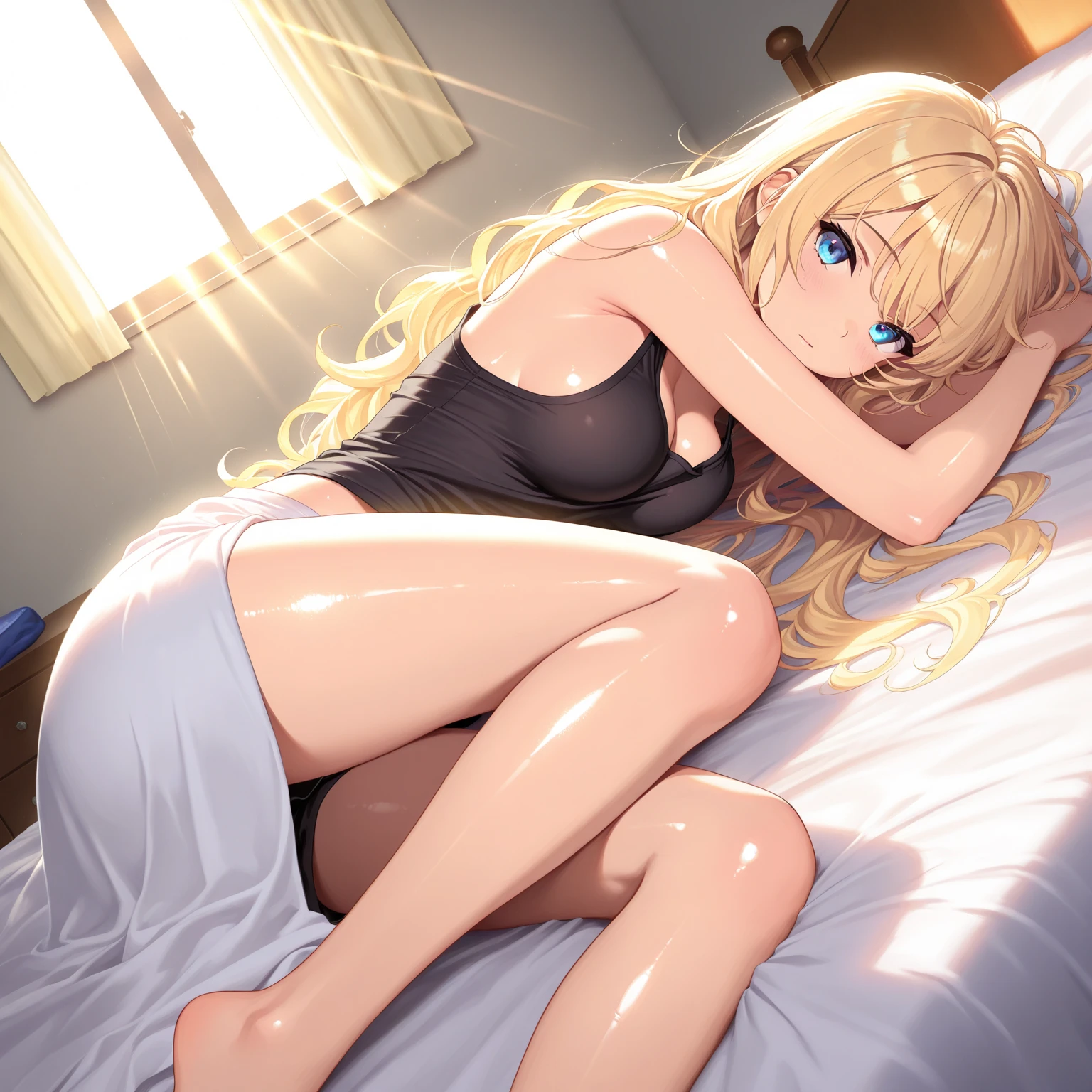 score_9, score_8_up, score_7_up, score_6_up, score_5_up, score_4_up, 1 girls, solo, full body, extreme detail, Masterpiece, Best Quality, beautiful, high-res image, rating_explicit, evil smile, demon horns, demon tail, succubus, golden eyes, golden hair, dark skin, Expression excited, wearing red lace nightgown, lying on the bed, drops of sweat, sexy thighs, standing , room, (seductive:1.1), night, moonlight, perfect lighting, perfect hands, perfect fingers, extremely detailed 8k, very delicate and beautiful