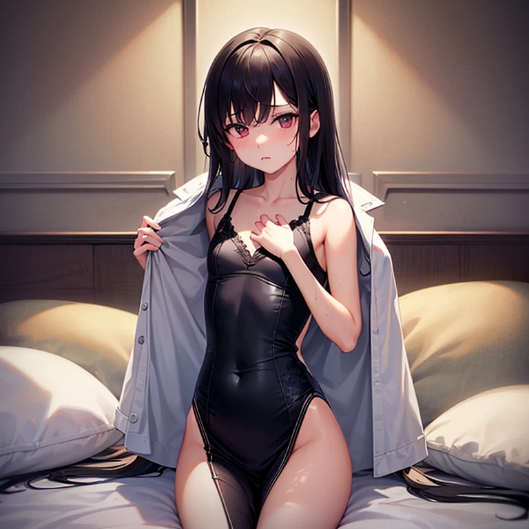 Persona 5 Art Style, Persona 5 Style, Kasumi Yoshizawa, Girl in Swimsuit, Full Length Portrait, High Quality, Ponytail, Small Breasts, Bangs, Smooth Thighs, Patsun, Top Quality, Ultra High Definition, Fine Eyes, Slender Legs, Fine Beautiful Eyes, 8K, White Bikini, Protruding Buttocks, Black Hair