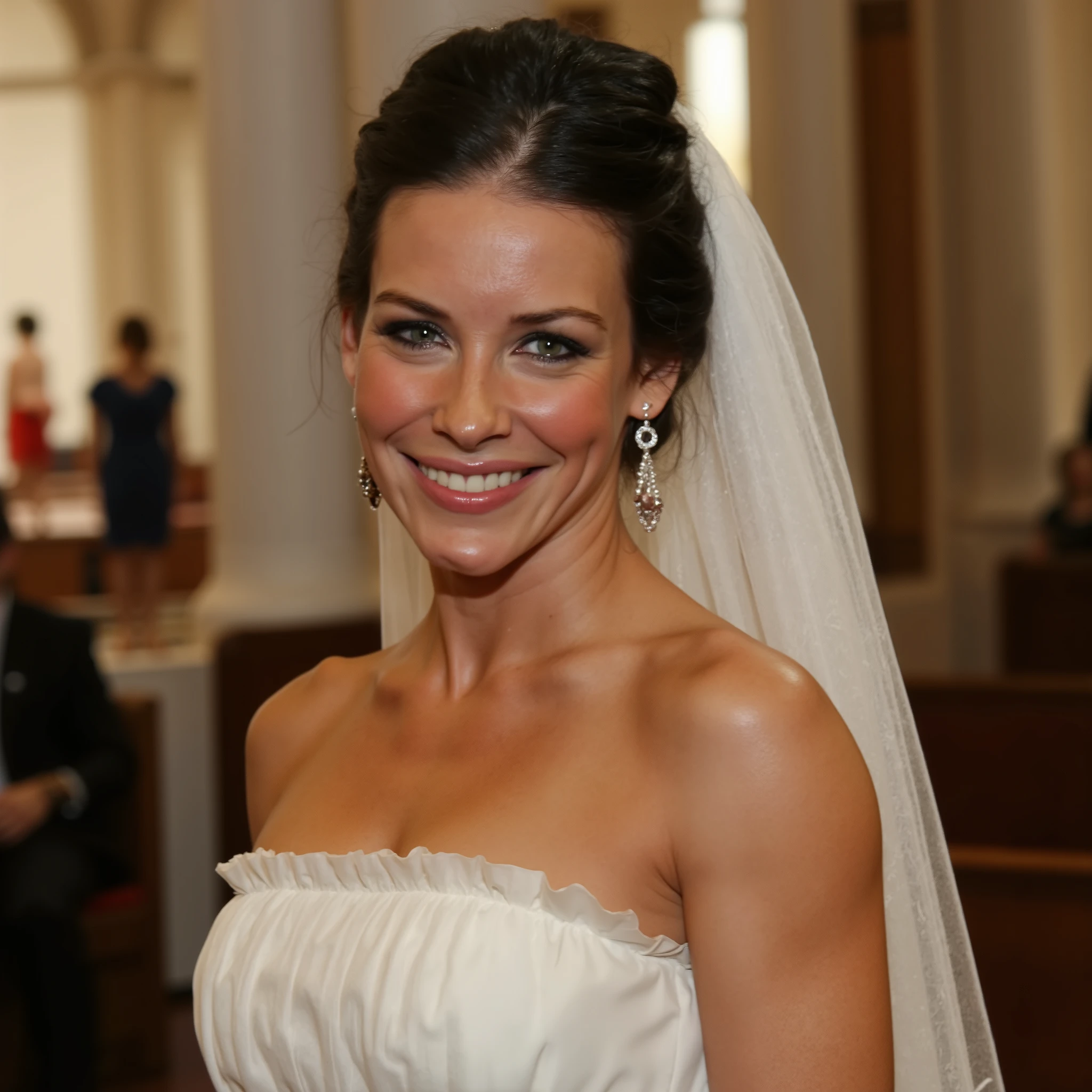 A professional photo of Evangeline Lilly, professional lighting. She is dressed in a beautiful white wedding dress and veil. She is looking at the viewer and smiling. She is relaxed and confident. (pale white skin), red lipstick, (small breasts), cleavage, bare shoulders, dark hair. A well lit church. Marriage proposal, POV, POV hands, wedding ceremony POV. Elegant, realistic, highly detailed, high quality.
