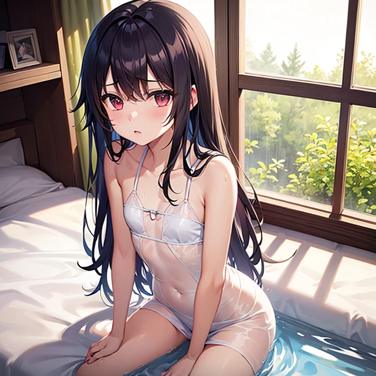 (8K、Raw photography、top-quality、​masterpiece:1.2)、(Baby face、Round face:1.3)、(poneyTail:1.3)、nakano azusa, 1girl in, Sakuragaoka High ,student clothes,Underwear、cleavage of the breast、all-fours、ultra-detailliert、超A high resolution、see the beholder、beautifull detailed face、Constriction、(Slim waist) :1.3)、Beautiful detailed skin、Skin Texture、floated hair、profetional lighting,((Light blue underwear))、(((Wet underwear)))、Cotton panties、Sit on the bed、small dark room