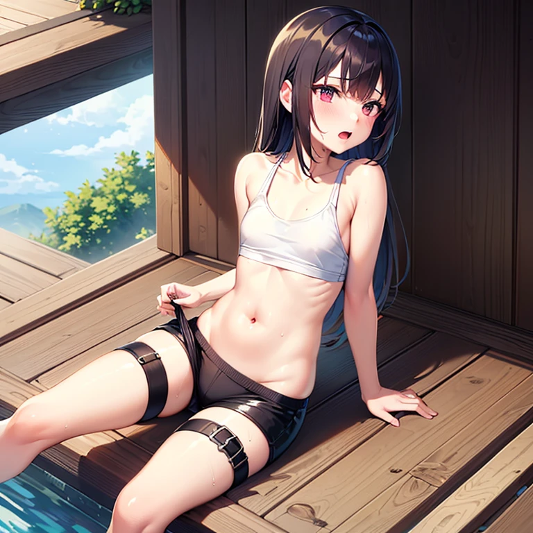 (Highest quality), (masterpiece), 1080P, High resolution, 4K, 8K, ((bear)), ((costume)), Shooting from directly below, Sweat, ((Micro Bikini)), To achieve this, ((~ side)), ~ sideを見せる, Spread your legs, Nipples, Small breasts, whole body, Embarrassed face, Long black hair, Blunt bangs, bracelet, stretch, training, sports gym, Leather shoes, Thick sole,