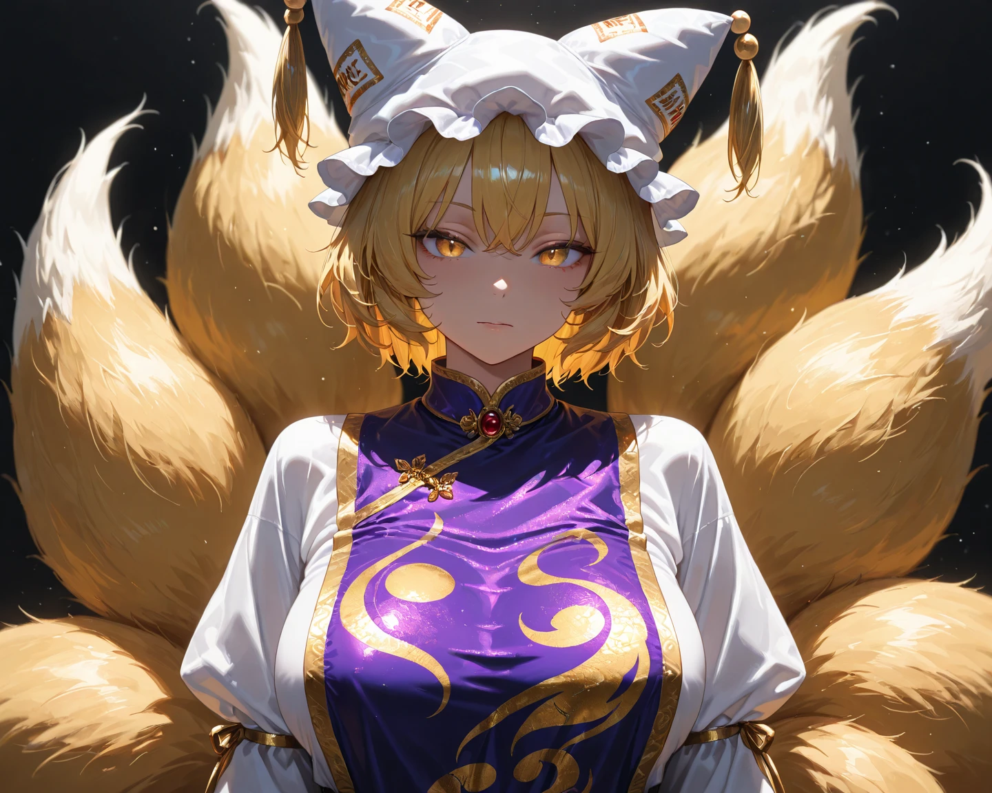 ((Highest quality)), ((masterpiece)), (detailed), Blonde, Fox ears, nine tailed fox, Big Breasts, Beauty, cute, Ecchi, Blue cheongsam, Chinese clothing, Purple sleeves, Purple collar, Short Bob, White clothes, 傾国のBeauty, Alluring, Cool pose, Golden Eyes, Indigo clothing, Golden Eyes