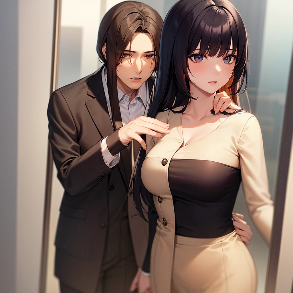 "(nsfw), In an exclusive lounge, dimly lit with soft jazz playing, a man name Masaki Tanaka, age 58, a well-respected business tycoon, in a tête-à-tête with a beautiful hostess, age 22, plush velvet upholstery and mahogany setting, in a photorealistic image, cinematic style, Masaki in a perfectly tailored suit, relaxed yet commanding posture, arm around the hostess's slender waist, sharp eyes reflecting golden light, sharing a private joke, hostess in a figure-hugging dress, leaning into Masaki, atmosphere electrifying with charisma, clink of glasses, shared laughter, mutual attraction, intimate yet public setting, 50mm lens, warm and intimate lighting, high resolution 8K, capturing the essence of sophisticated flirtation and elite lifestyle (cinematic style:1.4), (sophisticated flirtation:1.3), (elite lifestyle:1.2)"
