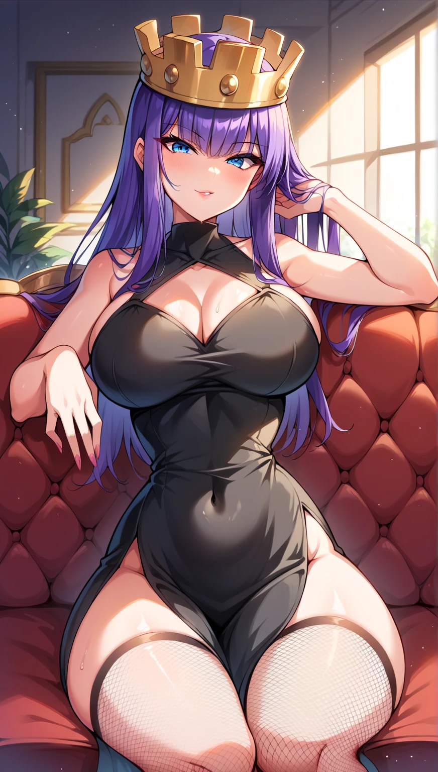 Purple hair, long hair, red eyes, beautiful and well-shaped face, big breasts, firm body, big butt, thick thighs, wide open thighs, crouching, vertical gray vertical sweater, pussy, (Lower body naked), purple pubic hair,