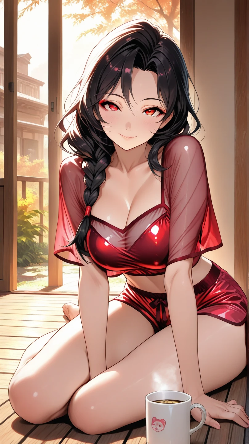(masterpiece:1.3, Highest quality, Ultra-high resolution, Very detailed), (Realistic, photoRealistic:1.4), Beautiful illustrations, Perfect lighting, colorful, Written boundary depth,
Beautiful detailsまでこだわった髪, Beautifully detailed face, Beautiful details, Beautiful clavicle, Beautiful body, Beautiful big breasts, Beautiful thighs, Beautiful legs, Beautiful fingers,
Show Viewer、Front view:0.6, beauty1人, Japanese, beauty、30 years old, Perfect Face, (Perfect Anatomy, Anatomically correct), Cute and symmetrical face, Baby Face, , Shiny skin,
(Outfit in black and red tones:1.4)、
(Black Hair, Updo Hair:1.4), Dark brown eyes, The body is slim,
hair ornaments、
(Beautiful views), (night), (Hotel room),(bed)、Sitting, 優しいsmile、(smile, Lips parted),