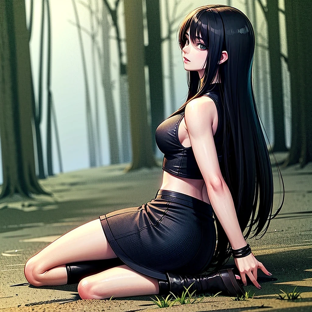 (masterpiece, best quality), 1 sexy woman(Athena_Asamiya), cute dress, long black hair, sitting, beautiful outdoor background, night, forest