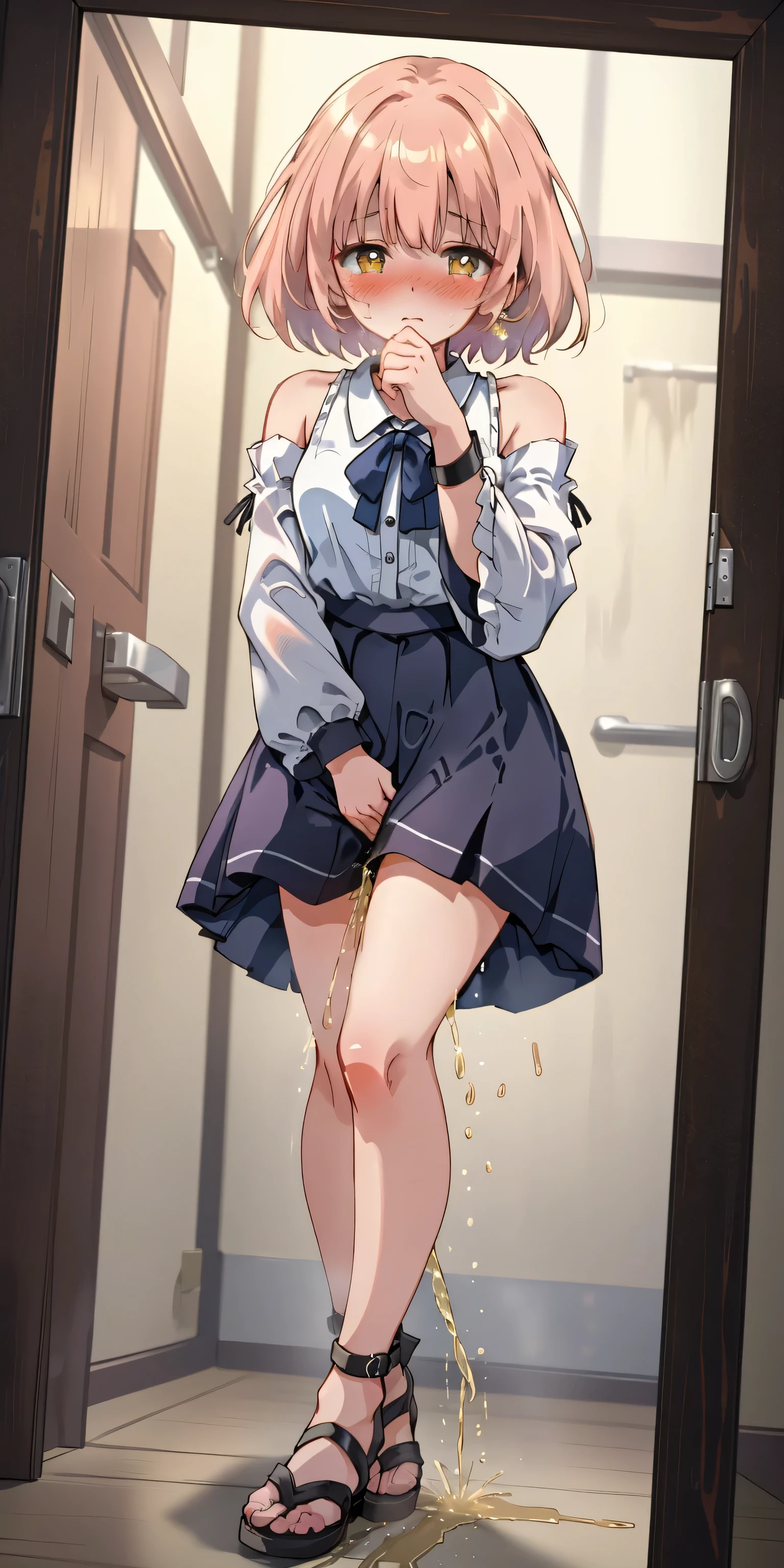 1 girl with long hair and short skirt,kamisato_ayaka,1 girl is taking to lavatory,looks away,are standing,embarressed,Be red in the face,Keep one's mouth shut,street corner(girl is peeing self:0.4),Pee,Leaking panties,white panties,Barefoot