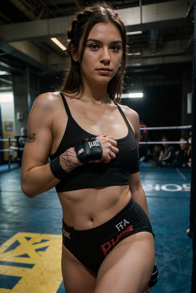 A cute woman (age 25, athletic, hair put up tight brightly colored) is an MMA fighter in the octagon. camera is from floor level looking up outside the ring