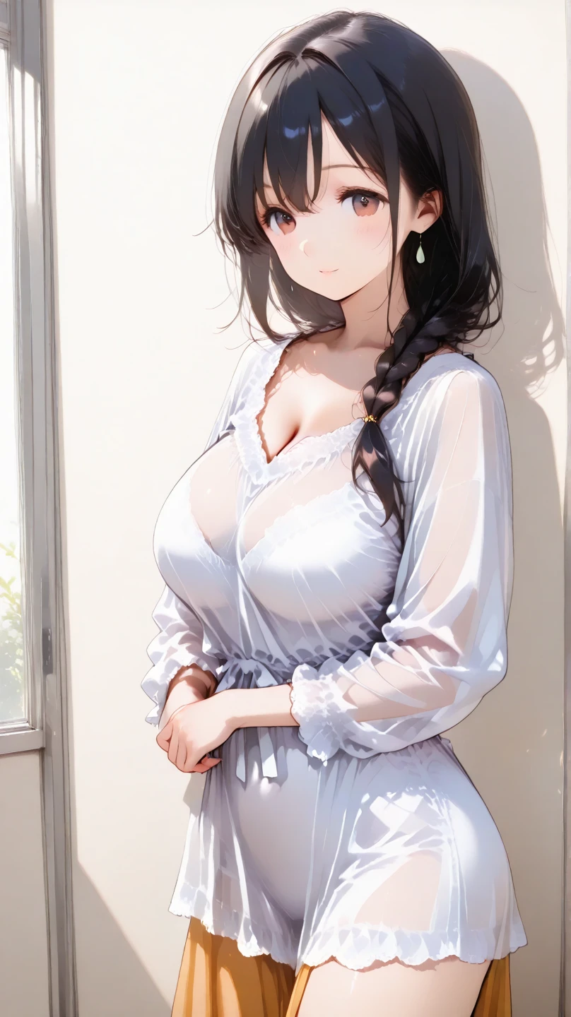 Close-up of a housewife cleaning her room, eyes not looking at the camera, shy look, blushing mother, a braid, smooth skin, very detailed clothes, intriguing suit, extremely high detail, random movements, interior scene, big breasts, happy, kind, milf