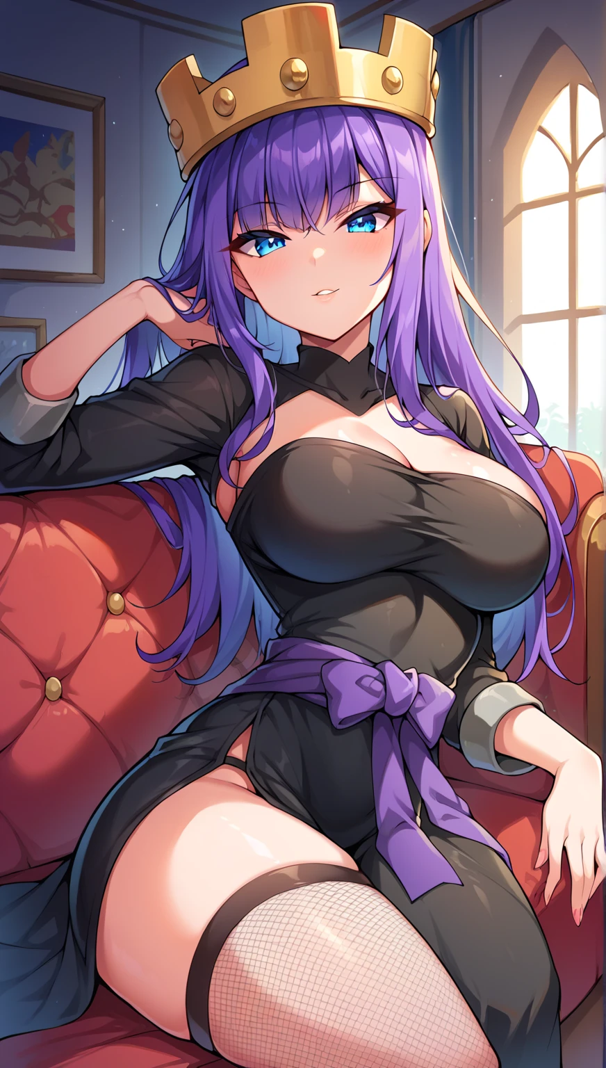 melhor qualidade, ultra-high resolution, NSFW, hiper-detalhado, Intrinsecamente detalhado, obra de arte, estilo anime, lindo, Alto, maduro woman, maduro woman in her 28s, Mulher branca, milf, roxo (violet) cabelo, long cabelo, straight cabelo, roxo eyes (Violet), compassionate and lovely;, lindo and most lindo woman of all, seios empinados, Busto grande (105cm), cintura fina, wearing a long roxo dress (Violet), estilo oriental, mangas compridas com detalhes pretos , corpo perfeito, corpo em forma, corpo muscular natural, corpo sexy, curvy hips, bunda grande, curvy ass, lindo skin, pale and glowing skin, mulher sexy e sedutora com amor, Olhando para o visualizador, imponente sexy, Beautiful face with kindness and compassion, lindo happy face with caring look and smile happy man full of love, kindness and compassion, frozen forest scenery, Sun destaca seu corpo, flocos de neve ao seu redor, fantasia, Olhando para o visualizador with a loving smile, retrato, sozinho, 1 mulher, milf, maduro, Alto, looking at the camera with a happy and loving smile at the viewer, figura sexy, corpo detalhado, rosto detalhado, firm head, sentado na cama na floresta, staring at you, posando com as pernas cruzadas.