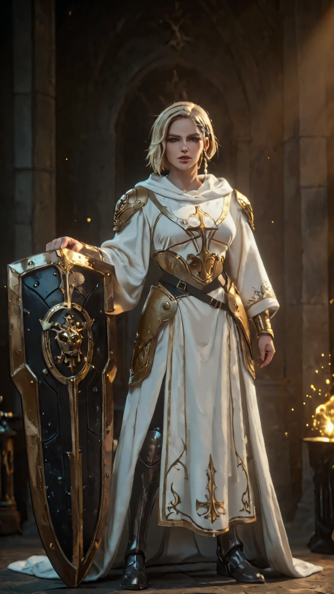 A character reference concept art in a realistic mature anime belnd with subtle 3d cel shading, studio lighting soft glowing highlights , strong rim light, dramatic back lightd ,soft defused frontal lights and strong light glow casting sharp shadows creation a strong contrast effect, strong rim light in a frontale view full body shot standing in A-pose with simple background. The character is a female human paladin, with fit curvy body shape mature and busty alluring figure yet muscular, 180 cm, perfect beautiful face features with thin snob nose, thick kissable lips, (blond side bob short hair with side braid and bangs), (blue doe eyes) expressing challenge discipline and pride, thick blond eyelashes and blond eyebrows, wearing a (white paladin robe) with (golden ornement) over a (black iron body armor), (one side big iron pauldron with lion head seigle), (iron boots), holding a (massive iron great shield with lion head seigle), golden holy volumetric aura particules