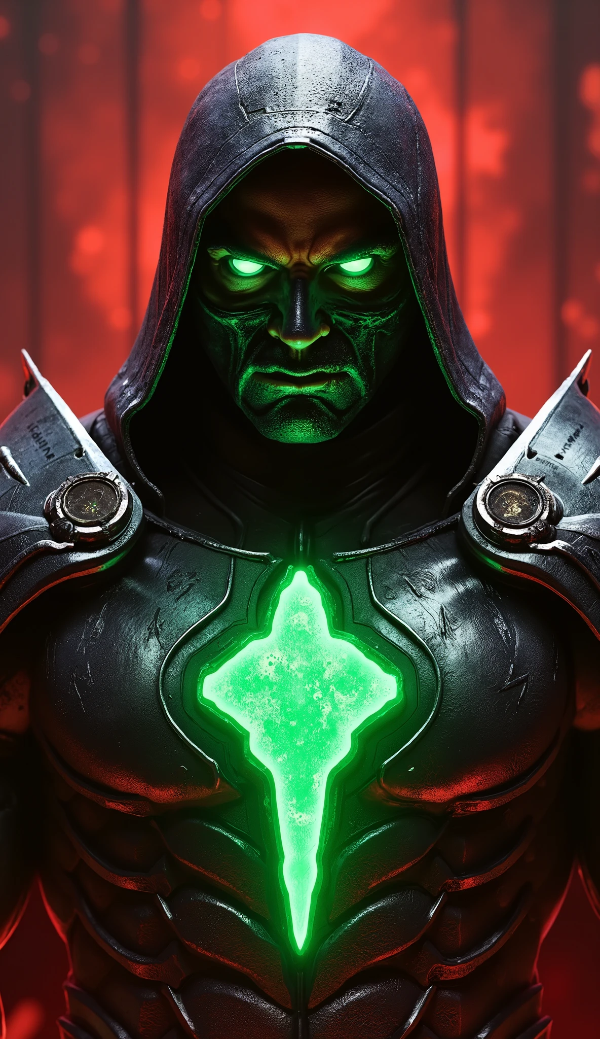 ROBERT DOWNEY Jr like Ermec from Mortal Kombat The image shows the character Ermac in his most recent version, probably from the game Mortal Kombat 1 (2023/2024). He appears with a dark visual, mystical and sinister, perfectly representing his nature of being composed of multiple souls.
🧠 Detailed description — Ermac (Mortal Kombat 1)
Mask and face:
The face is almost completely covered by a black mask, except for eyes — which shine in supernatural white, sem pupilas, indicating his spiritual origin. The skin around the eyes has green veins, reinforcing the magical energy that inhabits it.
Capuz e armadura:
He wears a black hoodie with a stylized metallic crown, with symmetrical and sharp details. His armor is dark, with pointed metal plates, but not exaggerated, combining elegance with threat.
Cores e efeitos:
The brilliant green that runs through his chest and part of his arm symbolizes the energy of souls — his main source of power. This emerald tone contrasting with the red background creates an infernal and powerful atmosphere.
Ambiente:
Ao fundo, the stage has warm, reddish lighting, suggesting an arena in the underworld, a demonic temple or the Plane of Souls (Soulnado).
Estilo geral:
This version of Ermac is more Impressive and impressive that previous — blending classic elements with modernity and a strong necromantic aura.