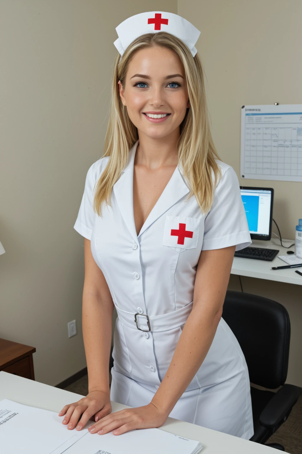 a 20 year old woman in a sexy revealing skimpy nurse uniform open at the top, posing leaning on a fence, sunny park background, side boob, inspired by Elsie Few, thic, blonde long hair, , cobalt blue eyes, large breasts, smiling, full body view from head to feet
