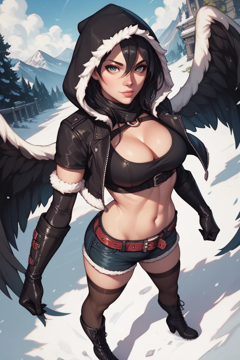1girl, solo, albedo \(overlord\), white_horns, slit pupils, (demon horns), ((black hair)), (feathered wings), (low wings), large wings, huge_breasts, full body, eye patch, sexy, ((Ghislaine Dedoldia outfit)), ((fur-trimmed jacket)), ((green pants)), ((open fly)), (open belt), (bikini top only), red choker, Full body