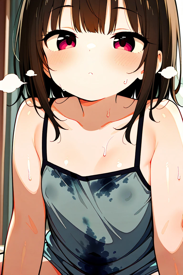 A girl with black hair, short bob, small ???????, and pale pubic hair is tied up in a Japanese-style room, crying in disgust, ???????, wearing floral panties with ????? ???????.