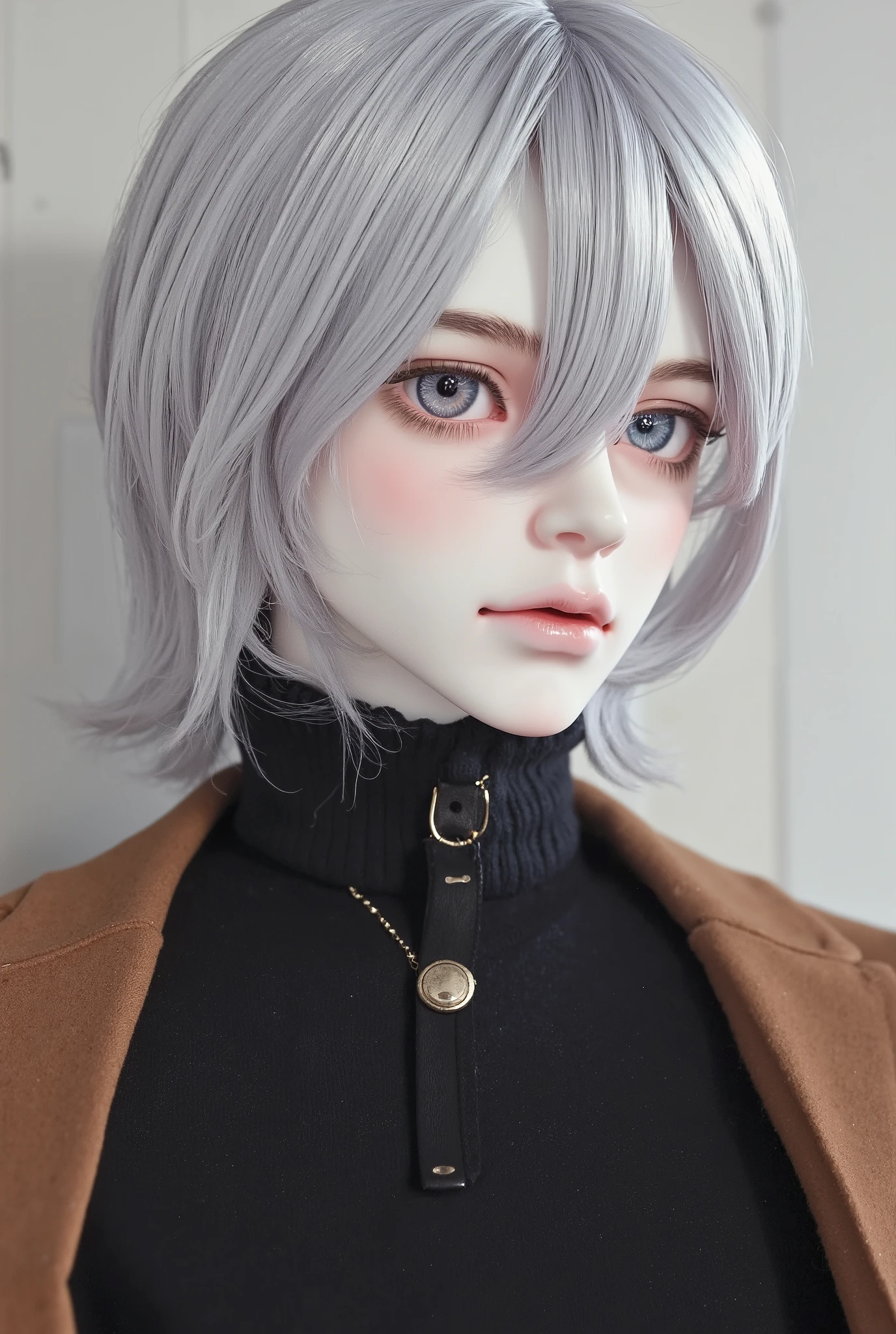Boy, doll, medium-length, dropped silver hair, gray eyes, sharp cold features, pale white skin, light pink lips, handsome, perfect, wearing a black sweater, brown formal jacket, fine art, bright and clear colors, high quality resolution .