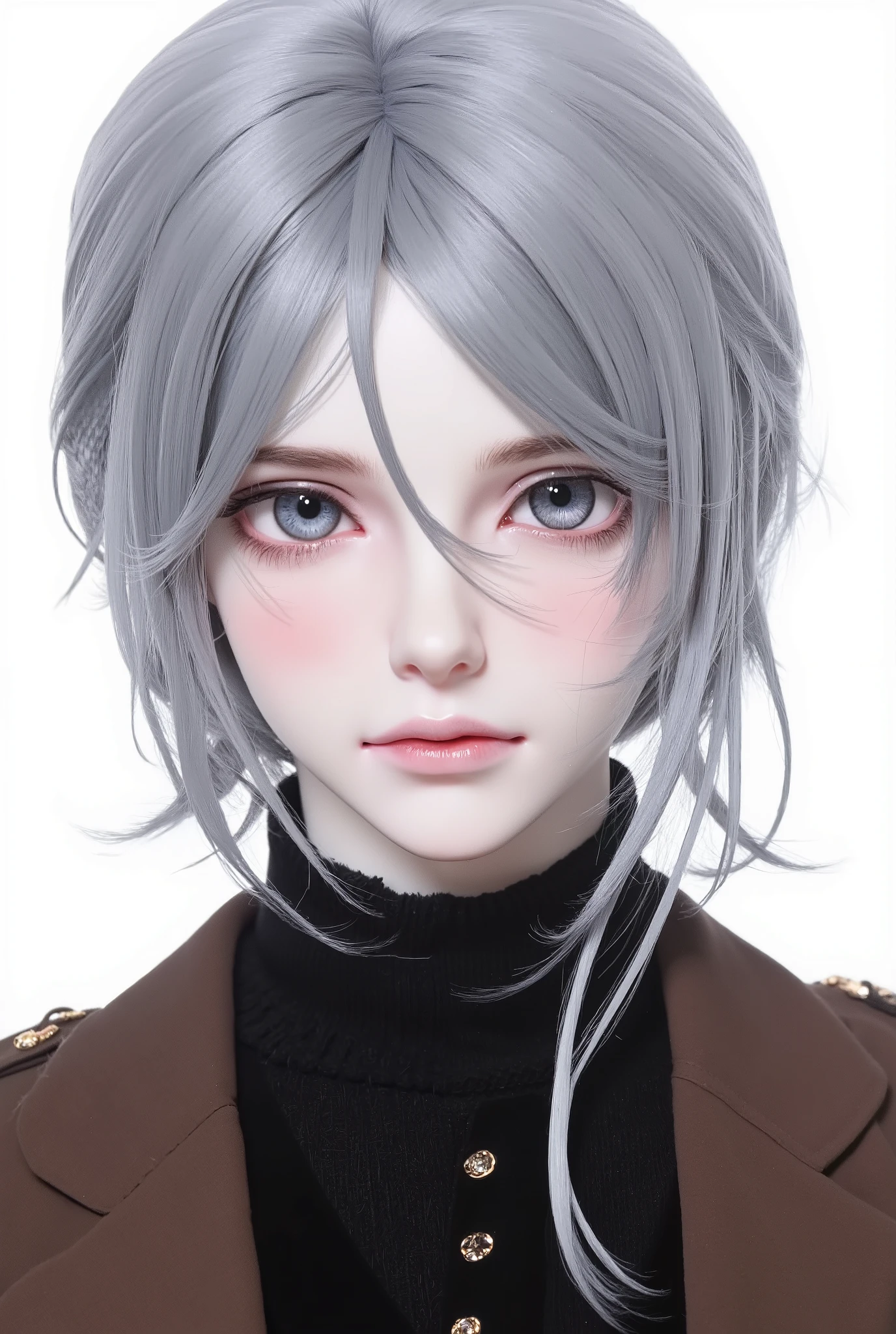 Boy, doll, silver hair, gray eyes, sharp cold features, pale white skin, light pink lips, handsome, perfect, wearing a black sweater, brown formal jacket, accurate art, bright and clear colors, high quality resolution .