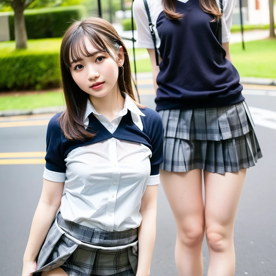 ((school uniform))、((Gal))、High-legged panties、2人のBeautyな女の子、Japanese、On the way to school、Huge breasts、Beauty、Beautiful Face、cute、navel piercing、Walking、Realtic、Beautiful Face、Carry a school bag、Outdoor、blue sky、Earrings、Earrings、Are standing、Highest quality、Bold、Realtic、Realistic