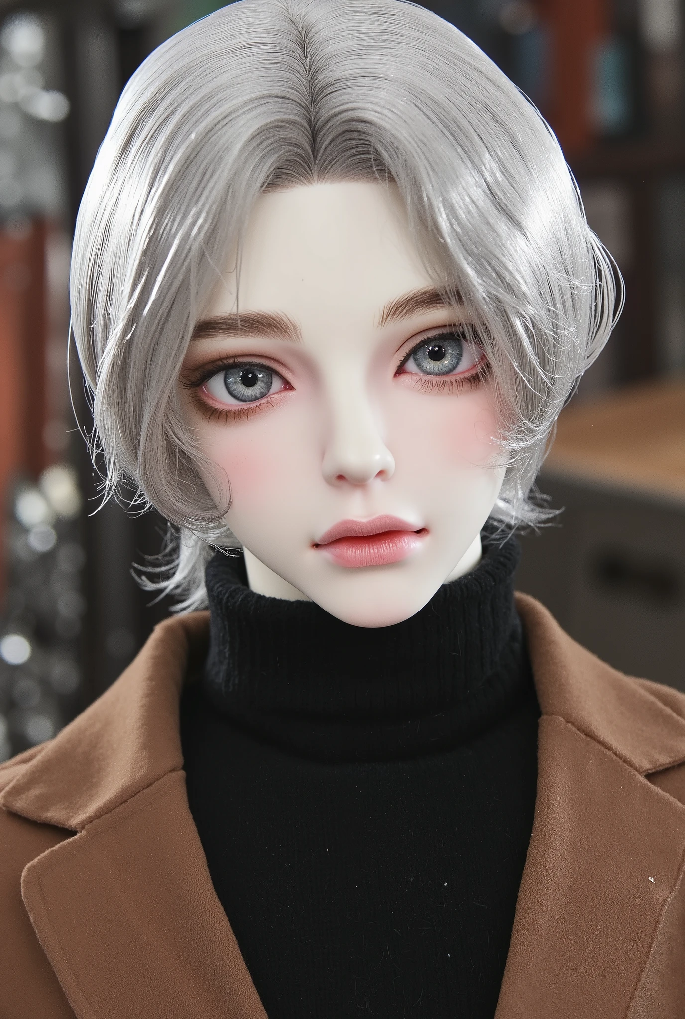 Boy, doll, silver hair, gray eyes, sharp cold features, pale white skin, light pink lips, handsome, perfect, wearing a black sweater, brown formal jacket, accurate art, bright and clear colors, high quality resolution .