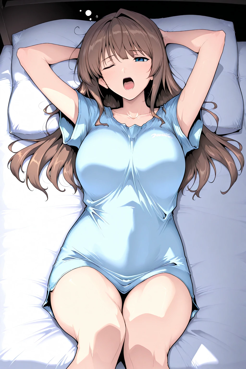 Miku Nakano, Miku Nakano Chick III, Long Hair, Bangs, Blue Eyes, Brown hair, Hair between the eyes, With legs open in bed、Big Breasts、Navy blue school swimsuit