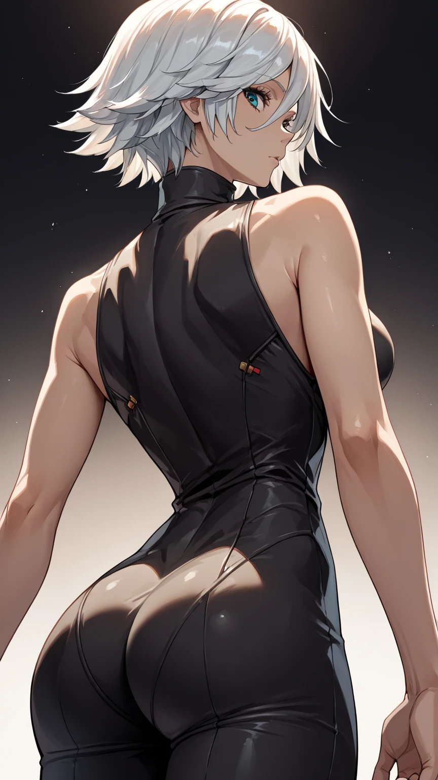 (((with your back to the viewer))), (((best qualityer))), (((perfectbody))), (((bared shoulders))), (((1girl))), (((Annie Lennox))), ((( back view ))), (((perfect ass))), (((Soviet star))), (((Yellow stars))), (((hair shaved on the sides))), ((high collar)), (((best qualityer: 1.4))), (Unbeatable masterpiece), (hiper HD),(CG 8k hyper-realistic), (((short cut hair style))), (((breasts big))), (((hyper feminine))), sexly girl, Tron,((super short white hair)), ((( sculptural body ))), (((1 girl))), garota cibernética de 25 anos com perfectbody,,Beautiful and well-groomed face,muscular body:1.2,gradient color detailed jacket, (Head to thigh photos), Complex equipment, green dark,Long pants, (((standing alone))), pirralha violent, (((14歳))), sexly, pose de atitude, work of art, post-apocalypse, (((manga style))), bounty hunter, violent, Manic, the way you want, slenderbody, thin but strong, perfectbody, roupa moderna, advanced technology, neon, sleeves with vertical striped pattern, neutral background, (( cowboy shot )). intricate visual