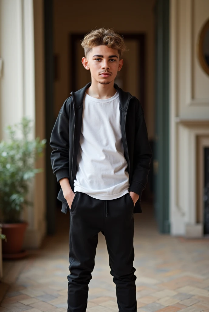 A boy in orange hoodie and a orange hoodie cap and black colour full pant and orange shoes