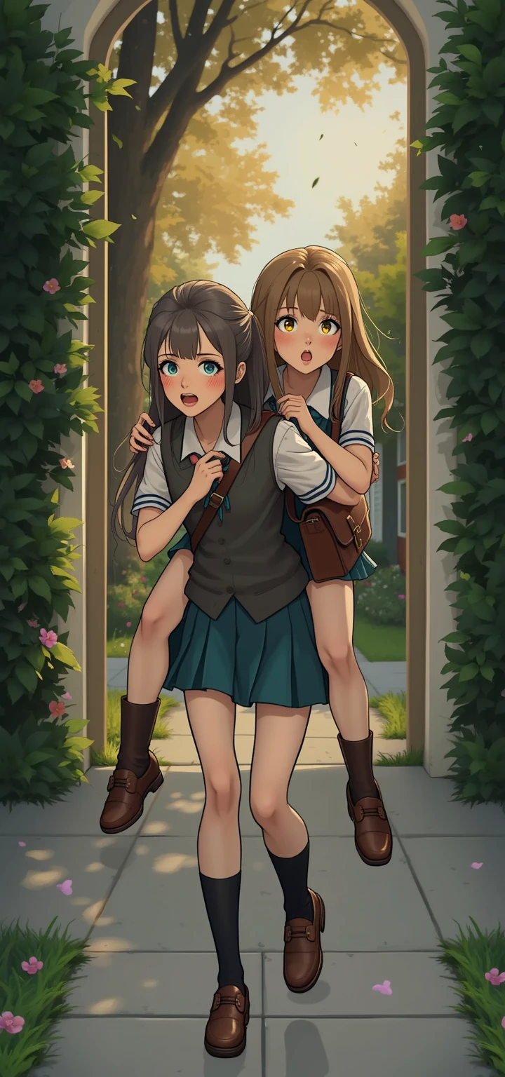 (best quarity:1.2),masterpiece,3girls,three sisiers,(pig_girl:1.2),erotic,cute,(pig ear:1.2),(pig tail:1.2),cute clothes,cute panty,smug face,They are standing side by side in front of a brick house,cute pose,cowboy_shot,panty_peek