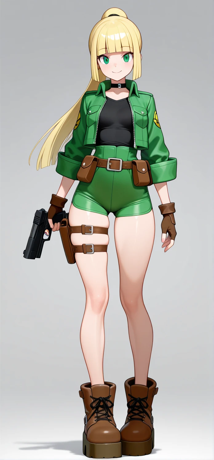 Vesna, blond, blue eyes, ponytail hair,sexy,Bikini, green knee pads, loose green gaiters, gloves, brown shoes, tactical gear,