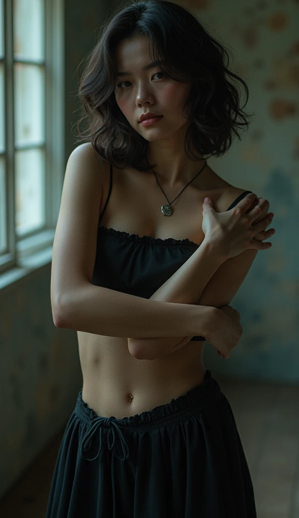 Best quality, masterpiece, ultra high res, (photorealistic:1.5), raw photo, 1girl,, in the dark, deep shadow, low key, cold light, sexy look, short hair, smooth , sexy , leaf shadow, naked