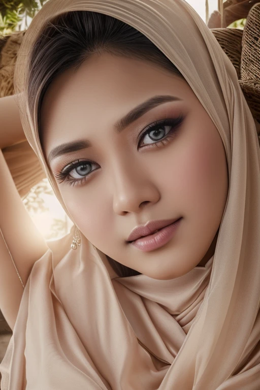 a hijab-wearing woman Russia malay, beautiful detailed eyes, beautiful detailed lips, extremely detailed face and skin, long eyelashes, ornate hijab, serene expression, natural lighting, warm color tones, cinematic composition, highly detailed, hyper realistic, masterpiece, 8k, photorealistic