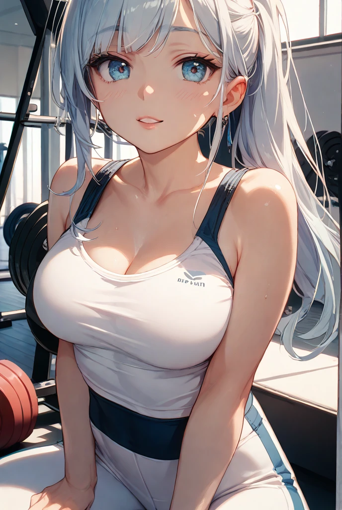 Anime girl biger boob
Very tight bra
White hair
In gym