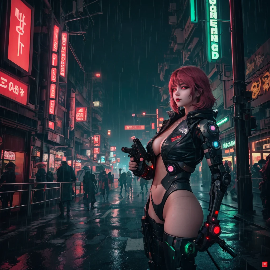 better quality, masterpiece, ultra high resolution, ((realistic: 1.4), RAW photo, (1 beautiful woman),(middle aged), alone, Pink bob hair, , huge , thighs, (Super realistic details)), global illumination, Shadow, octane rendering, 8K, super sharp,exposed face, Metal, intricate decorative details, egypt details, very intricate details, realistic light, Trends in CG society, in front of the camera, neon details, mechanical limbs, blood vessels connected to tubes, mechanical vertebrae attached to the back, mechanically attach the cervical vertebrae to the neck, Wires and cables connecting to the head, Evangelion, Small Bright LED Bulb, (cowboy shot),(Stunning cyberpunk cityscape in the background),cyberpunk anime art, cyberpunk anime art, anime character; full body art,Changes from Cyberpunk, Digital Cyberpunk - Anime Art, Digital Art Cyberpunk Anime, Cyberpunk weapons, Cyberpunk themed art, cyberpunk artスタイル,Experienced Cyberpunk Anime Man, cyberpunk art