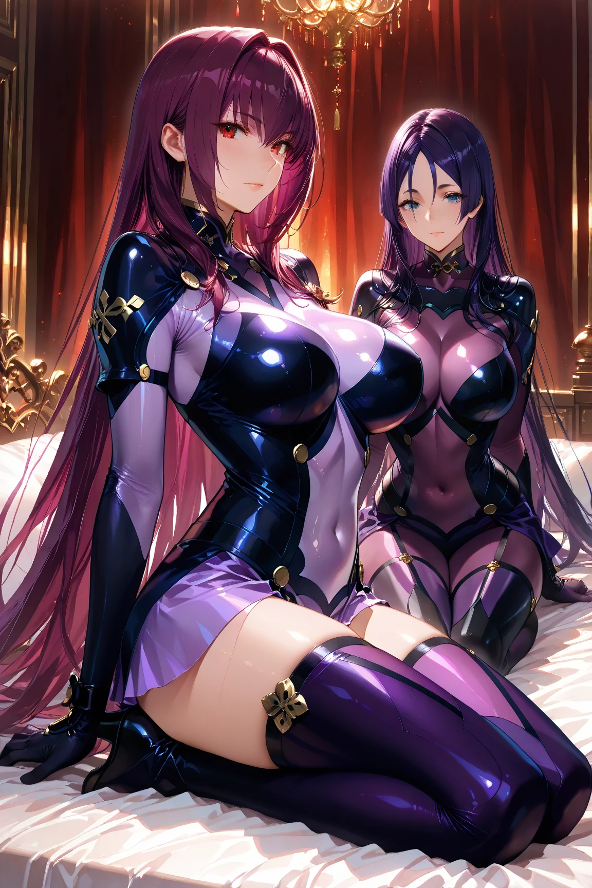Highest quality,Highest Resolution,(((A beautiful girl with blue eyes and black hair in a maid leotard)))and(((A beautiful girl with red eyes and purple hair in a gothic lolita leotard)))are having sex in the sitting position,kiss,saliva,(((Halo))),smile,Frills,Knee-high stockings,Camera from a distance,