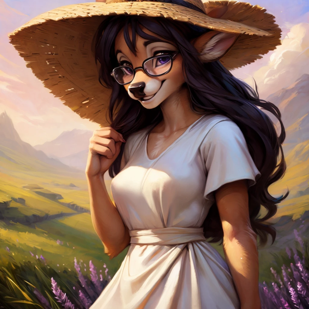 uploaded on e621, by Pixelsketcher, by Bayard Wu, by Thomas Benjamin Kennington , by Einshelm, by hioshiru and kenket, Chunie, portrait, solo anthro female deer doe, with small featureless breasts, clear dark blue, cinematic lighting, day, sunny day, lavender field, stays in a lavender field, lavender field background, mediterranean background, horizon background, shiny, short curly dark brown hair, wears big black nerd glasses, very very beautiful furry art, furry art, smiling, joyful, shiny, happy, feminine, cute face, muzzle, fluffy chest, flawless face, Fallow deer, 1girl, Sakimichan is beautiful, Masterpiece, Wavethesallow Face, shiny, Detailed image, portrait, Detailed image, portrait, full body, wearing pure white and wide spaghetti straps dress, wearing big and wide beige summer straw hat, shiny, realistic face, perfect , hourglass body, (furry body:1.1), anthropomorphic deer, looks at the viewer, small fluffy tail, detailed background, (cute :1.1), stands in a lavender field
