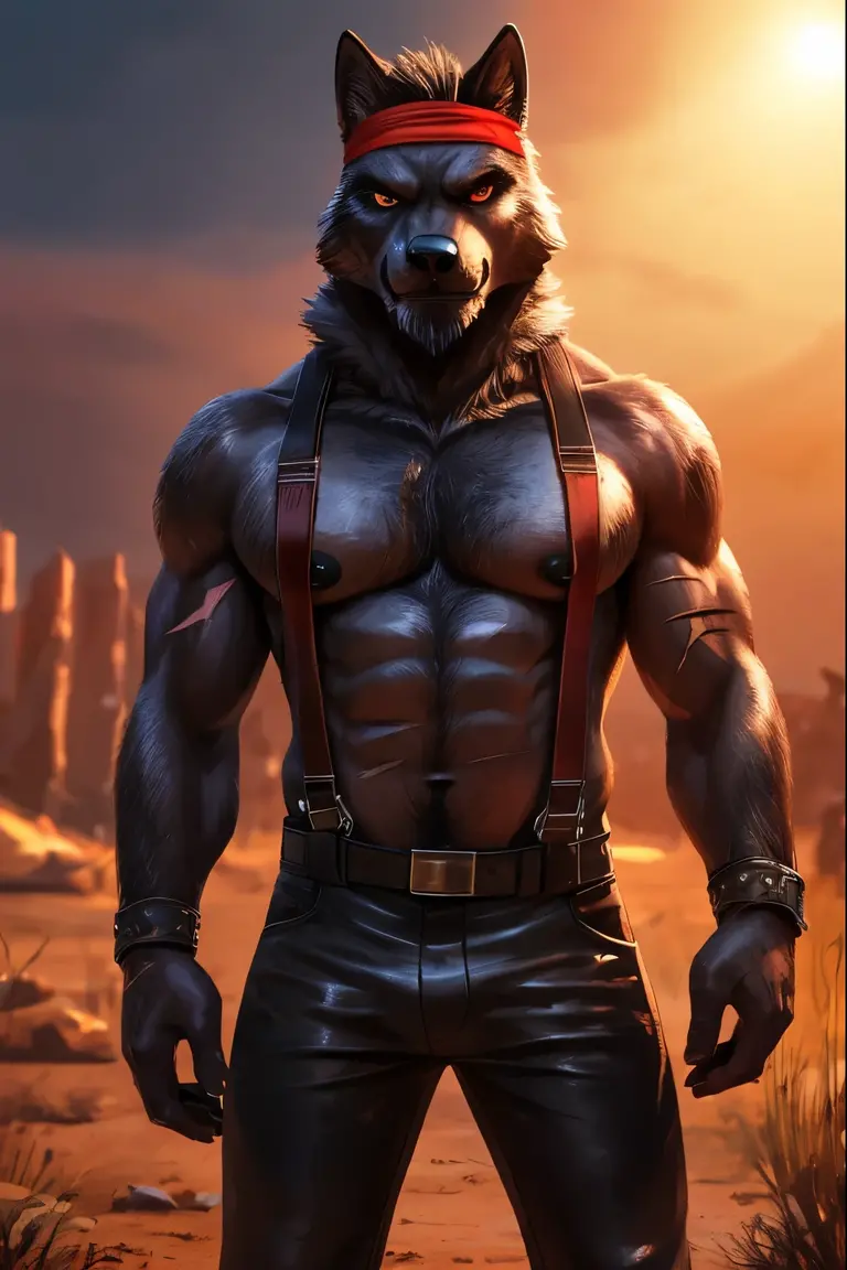 Masterpieces, furry, male, kinky, Anthropomorphic, full body, old age, rugged, twink, black wolf, feminine body type, Delicate eyes, white goatee, grizzled fur, white chest hair, glistening body, biker, thug, ebony skin, depth of field, warm lighting, bright lighting, (best quality),(masterpiece),(ultra detailed), sharp focus, wasteland background, very large and succulent black nipples (must include nipples), fierce look, evil grins, scars, glossy, oiled up skin, black trousers, tight shirts, red headband