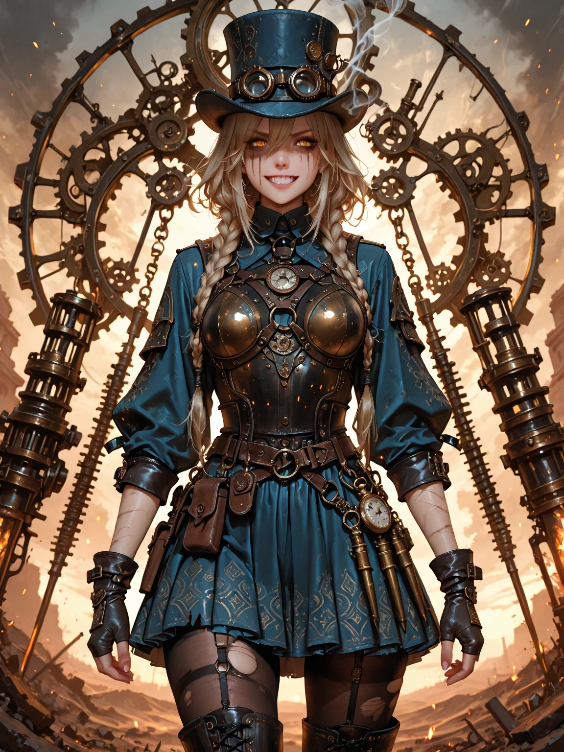 steampunk, BDSM、((Tabletop)), (最high quality), Hmph, retina, Accurate,Knee-length long lace-up boots、 ((Anatomically correct)), Rough skin, Very detailed, Advanced Details, high quality, Award-winning, 最high quality, High resolution, 8k, Cast a Shadow, Anaglyph, Stereogram, Atmospheric perspective, Surrealism, Written boundary depth, reflected light, Backlight, Outside the border, Move the chart, Outside the frame, Dutch Angle, Dutch Angle, Cowboy Shot, 8k, Very detailed, Accurate, One Girl, Beautiful long blonde with bangs, , Long eyelashes, Solid Circle Eye, ((Very shiny skin)), (Juicy skin), Very shiny clothes, Outside the house, Complex mechanical devices, Machine Wall, Gigantic Cogwheel, Countless gears, There are a lot of pipes, Steam Plume, Spark of Light, Many instruments,Action pose, place your left hand on your hip、please raise your right arm, Spread your arms out to the sides, Spread your legs,