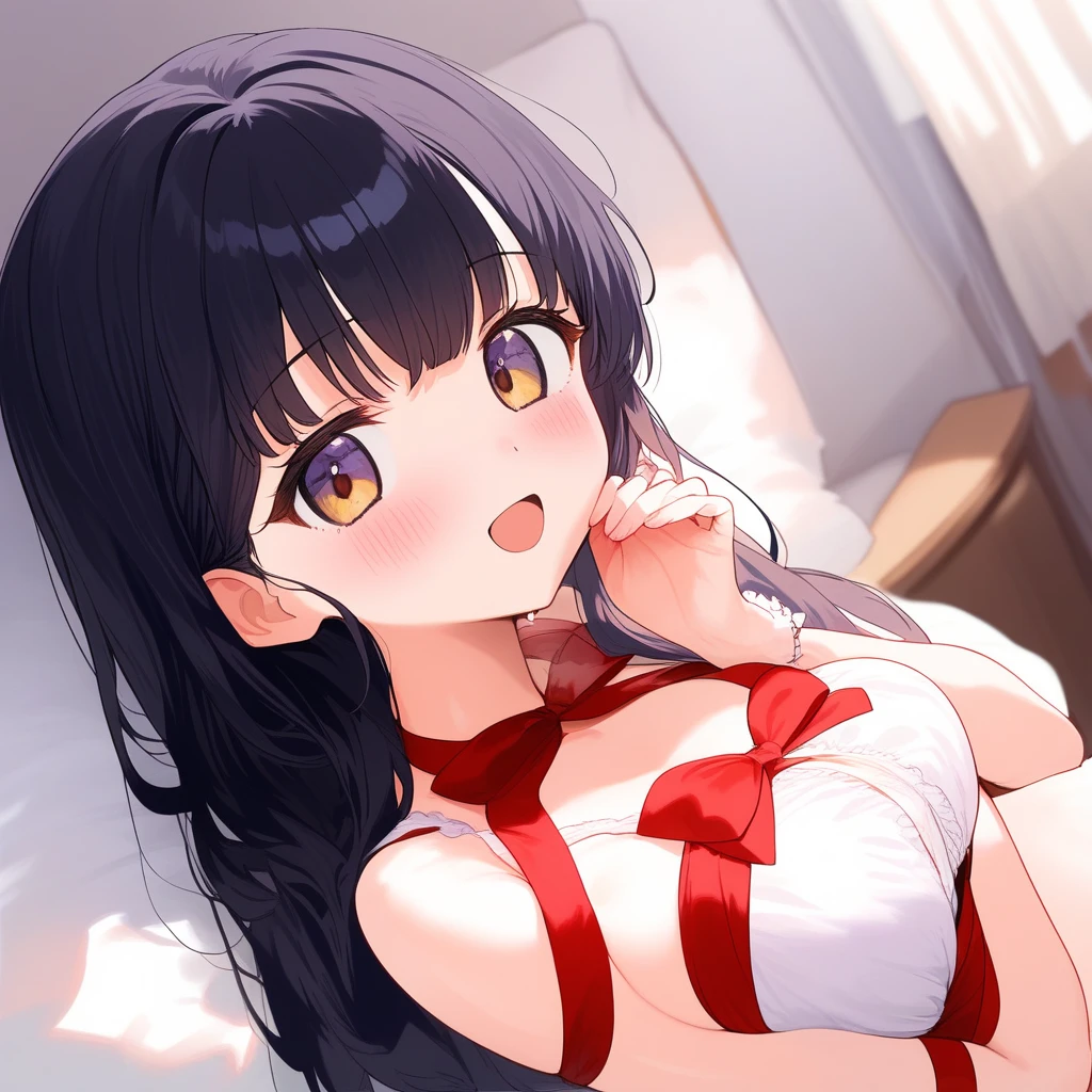 alone, One girl、Crown braids in the same color as your hair, hair ornaments, Hair Ribbon, (White and pink bikini),Red Eyes、Black Hair、(Embarrassed look:1.5)、(blush:1.4)、C cup breasts、bed、steam、Wet、(bra lift)、(panty lift)