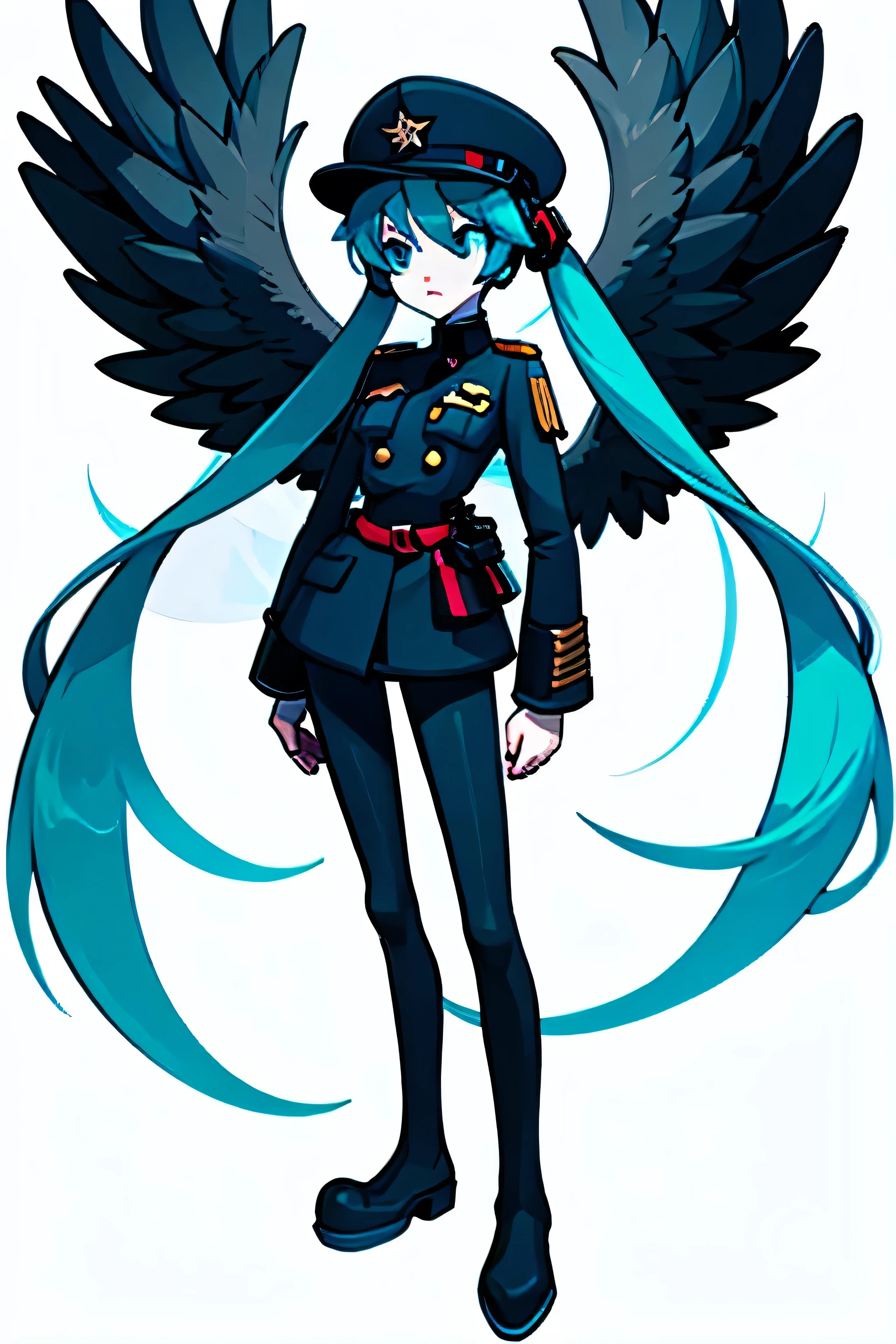 Hatsune Miku, with an SS-Dienstanzug style uniform: officer's black cross jacket, white shirt underneath, black tie, simple black belt, bastic red bracelet with symbol, black pants, black leather high boots, black cap with silver eagle visor with skull emblem, military war medals on the chest, serious expression like Tanya Degurechaff, long twin teal teal, very pale white skin, Anime style, front view, Clean white backgroundHatsune Miku, with an SS-Dienstanzug style uniform: officer's black cross jacket, white shirt underneath, black tie, simple black belt, bastic red bracelet with symbol, black pants, black leather high boots, black cap with silver eagle visor with skull emblem, military war medals on the chest, serious expression like Tanya Degurechaff, long twin teal teal, very pale white skin, Anime style, front view, Clean white background