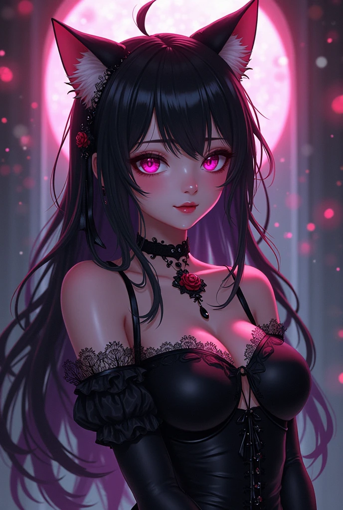 wolf girl,furry,best quality,Amazing,masterpiece,delicate,ultra high res,ultra detailed,intricate detail,beautiful detailed,finely detailed,8K,sharp focus,(extremely detailed CG unity 8k wallpaper),atmospheric perspective,sleeveless dress,frilled dress,polka dot,lace,strapless dress,pink eyes,heart-shaped pupils,bright pupils,light blush,seductive smile,glint,pendant,gigantic breasts,bouncing breasts,cleavage cutout,covered,framed breasts,perky breasts,strapless bra,oversized breast cup,1girl,solo,female pervert,milf,looking at viewer,flower on head,facepaint,forehead mark,long hair,black hair,expressive hair,standing,arms behind back,bare legs,thick thighs,bare shoulders,collarbone