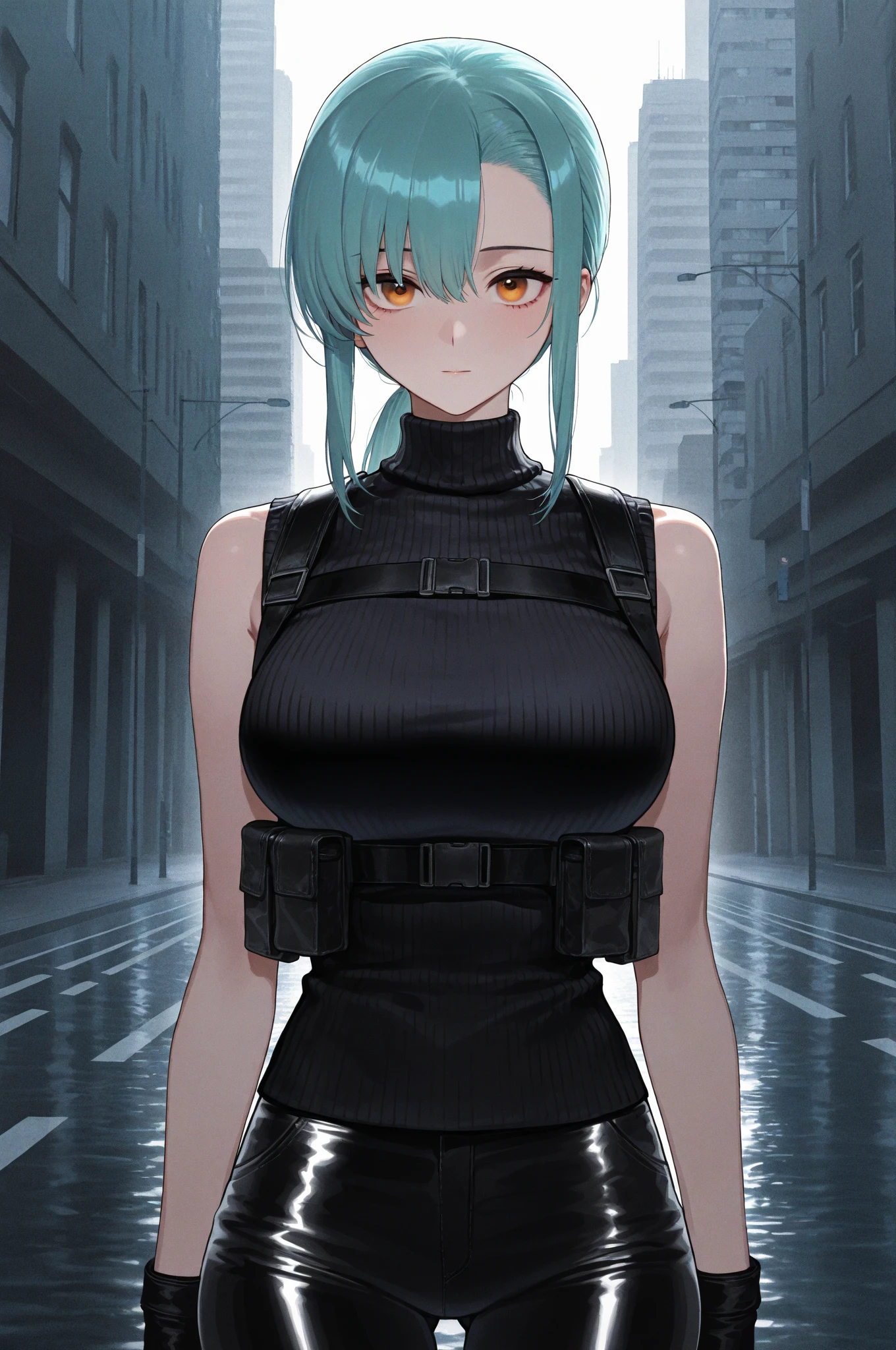 (masterpiece), 1girl, best quality, emotionless eyes, perfect face, (huge breasts), short hair, blue eyes BREAK light blue hair BREAK side cut, red glasses BREAK ((mature woman, mature female)), (GILF), , , standing, glaring, angry face, looking at viewer, glowing eyes, (torn dress), black dress, (destroyed city, dark clouds), night sky, ((red sky)), apocalypsis city, ((ruins)), closed mouth, outdoors