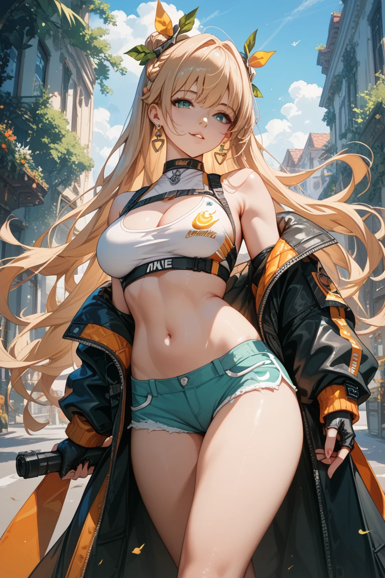 girl rave,(1girl:1.3),((anime girl with extremely cute and beautiful blonde hair walking seductively down the street)),
(large breasts:1.4),saggy breasts,(((very light blonde hair:1.35, straight hair, long hair:1.4, colored inner hair,ear breathing))),((very light yellow eyes:1.3,upturned eyes:1.3,perfect eyes,beautiful detailed eyes,rainbow glows ultra-detailed deep white yellow eyes:1.1,gradient eyes:1,finely detailed beautiful eyes:1,symmetrical eyes:1,big highlight on eyes:1.2)),(fat:1.2),(((lustrous skin:1.5,bright skin: 1.5,skin tanned,shiny skin,very shiny skin,shiny body,plastic glitter skin,exaggerated shiny skin))),(spider lower abdomen,narrow waist,wide hip,athletic body,inflated legs,delicate detailed fingers,detailed body,detailed arms,human hands, detailed hands),
cute,slutty,seductive,erotic,nsfw,
zettai ryouiki,revealing clothing,show skin,((rave shirt with an orange print, rave mini-skirt,visible thong straps)),(wearing a rave outfit:1.3,rave clothes,semi-naked,with little clothing,),(detailed outfit,detailed clothes),(((sphere shaped drone flying after her))),
(dynamic pose:1.0),solo focus,embarrassed,centered,scale to fit dimensions,Rule of thirds,
outdoors,(cyberpunk Background: 1.5, detailed background:1.25),sunny day, clouds
(Isometric: 1.0),double exposure,(masterpiece,best quality:1.3),(highres:1.5), absurdres,ultra detailed,cinematic light,realistic,ultra-realistic,high contrast,extraordinarily nice,vibrant colors,(intricate),HDR (High Dynamic Range),Ray Tracing,NVIDIA RTX,Super-Resolution,Unreal 5,Subsurface dispersion,PBR texture,Post-processing,Anisotropic filtering,Depth of field,Maximum clarity and sharpness,Multilayer textures,Albedo and specular maps,Surface shading,Accurate simulation of light-material interaction,Octane Render,Two-tone lighting,Wide aperture,Low ISO,White balance,8K RAW,Saturation boost,