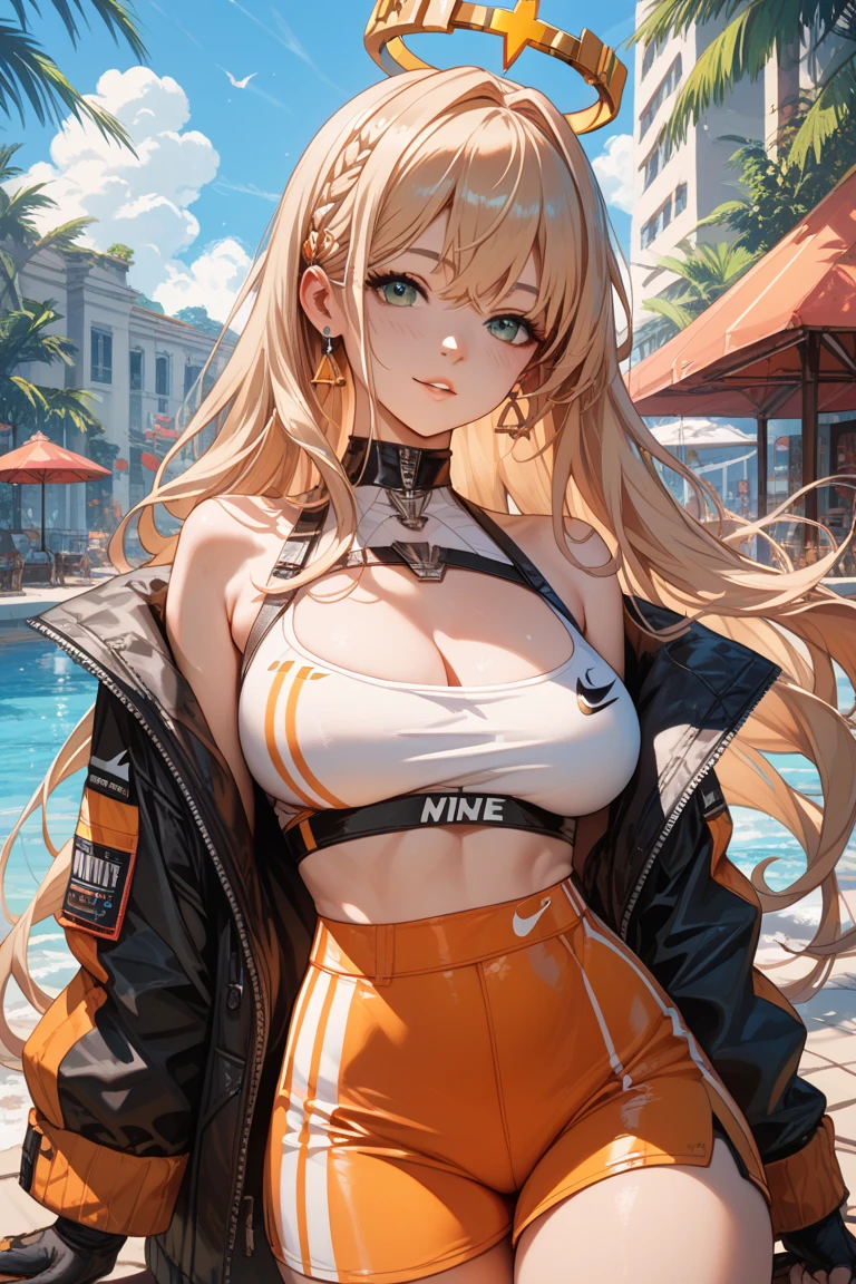 最high quality、best image quality、masterpiece、teenage girl((20-year-old、 By becoming、vest bust、medium bust,wide open breast tea、shining eyes, blonde hair、long hair、thin,highest valley、ponytail、white sports pants、white sports bra、sweating、scattering of sweat、Flushed body、black jacket、sit on a chair、gameplay)),high quality、beautiful art、background((fountain park、fountain square、bright sky))debris flies、Depth of written boundary、movie、visual art、perfect art、8k,genuine、