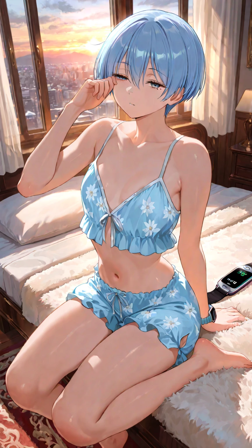 (((masterpiece) (((((Highest quality))))((high resolution))))), Very detailed, Ultra-realistic, )、、locker room、Open shirt、Blue Bra、blue panties、Green Hair、、、Change of clothes、((Expressionless))、From above.stand、Gaze Down.Short Hair、adult、slender