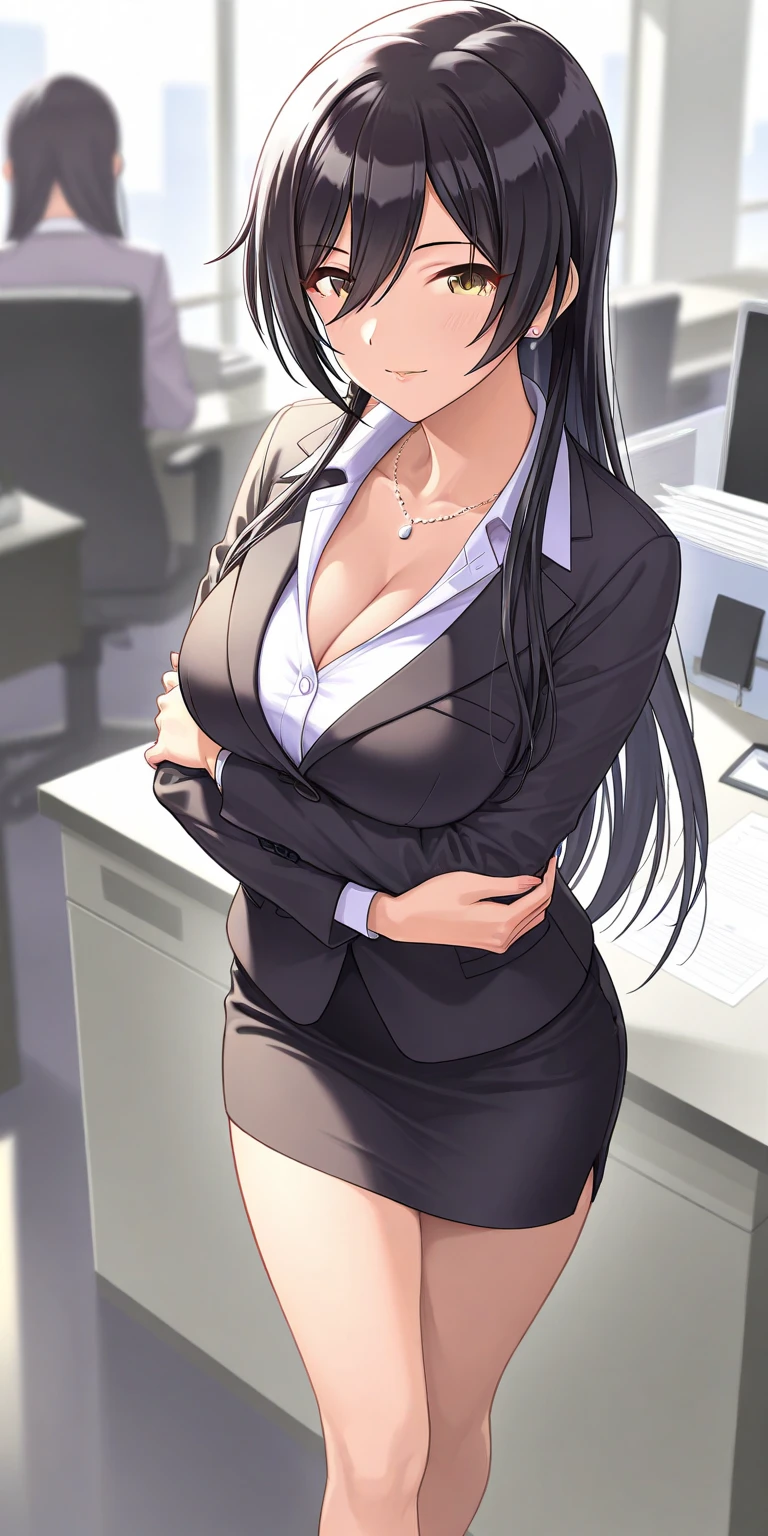 Big Breasts Teacher,The head teacher,Professional Dress,Black uniform,is shy,Top-down view,cleavage,little breast,Front view,brunette color hair,long whitr hair,The eye,Red lips,lipsticks,Classroom,ssmile,Be red in the face,Green coat,Close-up,HighestQuali,Art student,4K