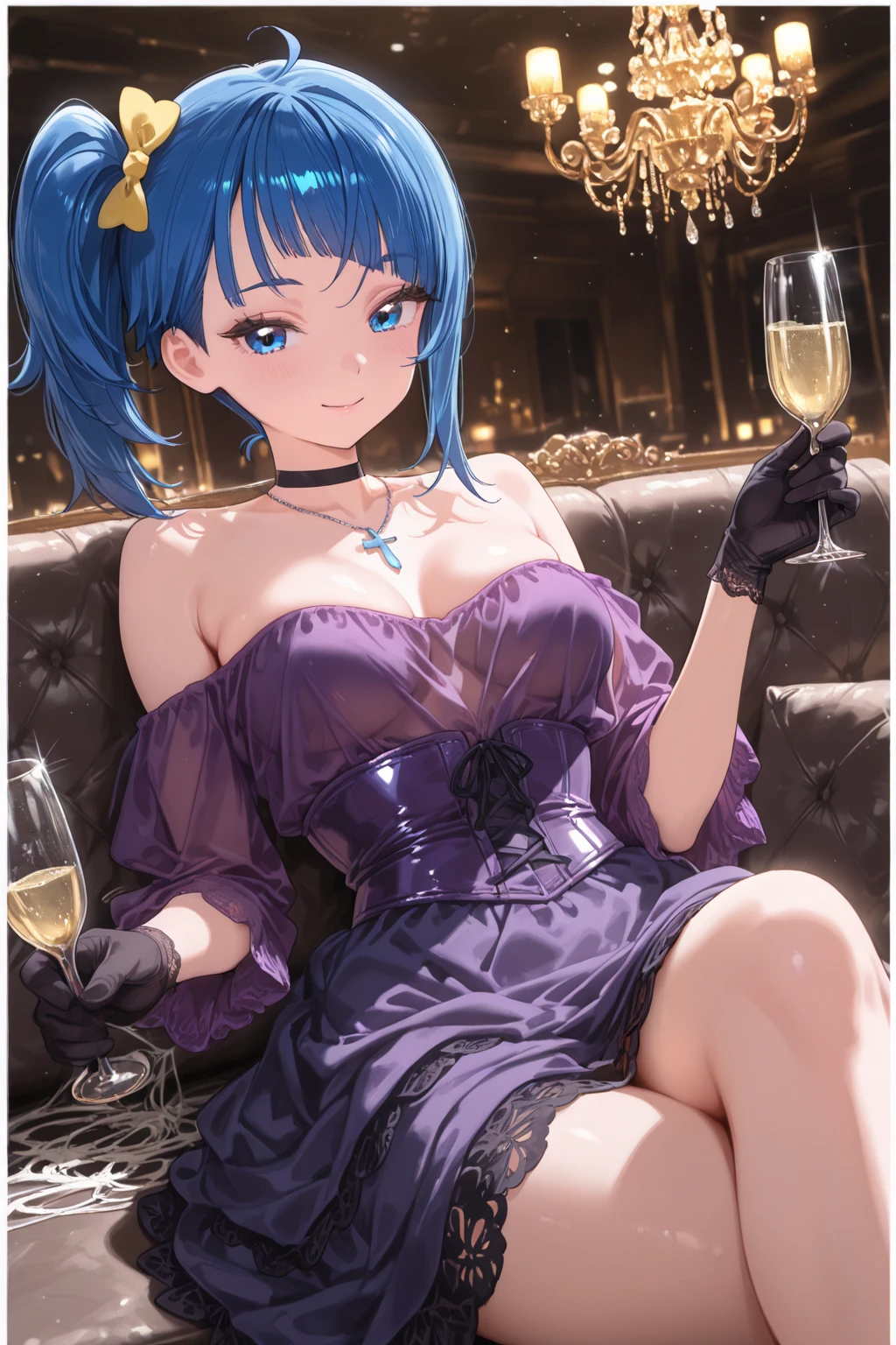top-quality、Full limbs、complete fingers、1girl in、((one beautiful women、独奏))、Beautiful Large Breasts、Short bob hair、Purple hair、bunnygirl、(purple bunny girl leotard:1.3)、Purple bow tie、Brown pantyhose、Naughty Poses、A big smile、Stylish bar、Wine bottles、a bar counter、Sake shelf